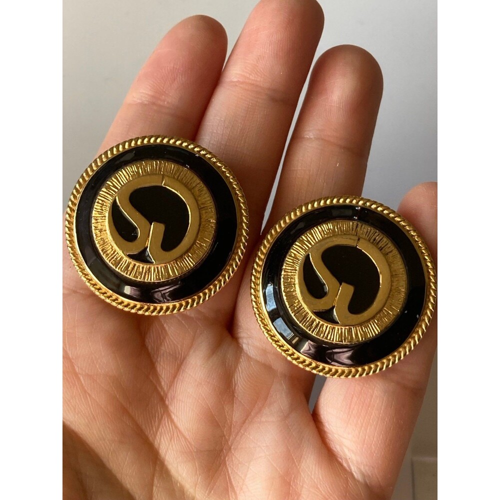 Vintage gold tone St.John round enamel clip on Earrings